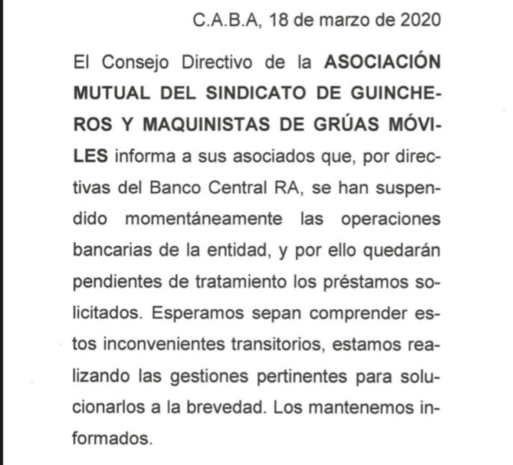 Asociación Mutual, suspendidas las operaciones bancarias. Directivas del Banco Central