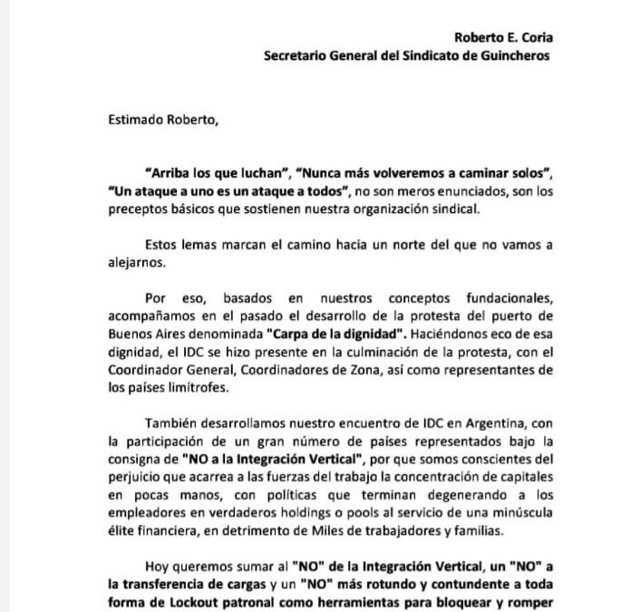 Carta de la I.D.C(International Dockworkers Counsil)  a Roberto Coria