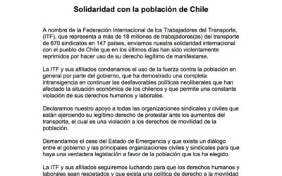 ITFAmericas expresó su solidaridad  y apoyo al pueblo chileno por la violenta represión de los últimos días!