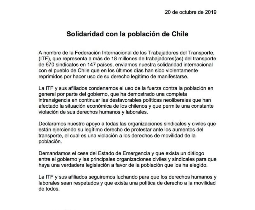 ITFAmericas expresó su solidaridad  y apoyo al pueblo chileno por la violenta represión de los últimos días!